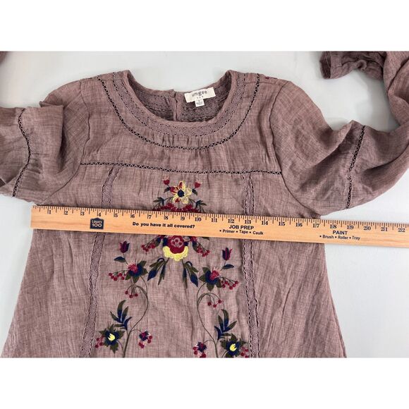 Umgee Women's Boho Floral Embroidered Long Sleeve Mini Dress Taupe Size S - Picture 8 of 12